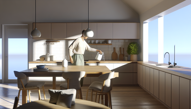 Sunlit modern kitchen with a casually dressed adult pouring water at a tidy countertop