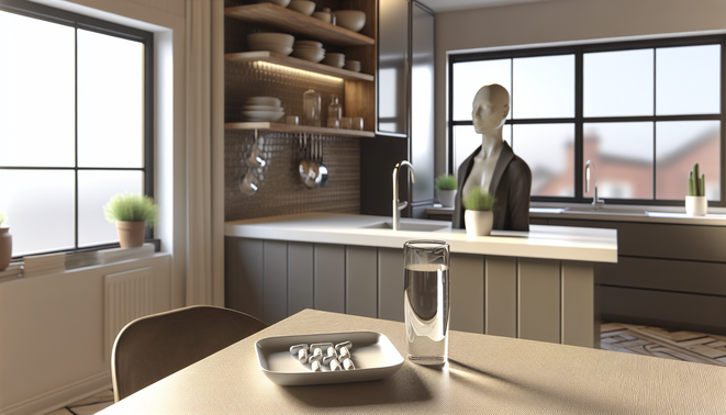 Modern kitchen counter with water glass and minimalist dish holding capsules, softly lit by daylight.