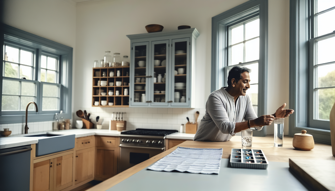 Modern Western kitchen with large windows, an adult reaching for a glass of water and pill organizer.