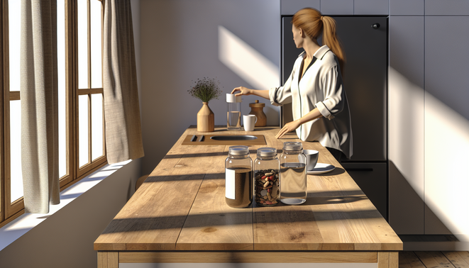Sunlit modern kitchen with supplement jars, casually dressed person preparing a glass of water.