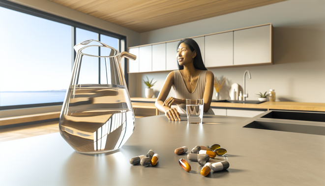 Serene modern kitchen with glass pitcher, supplement capsules, and diverse individual reaching for water