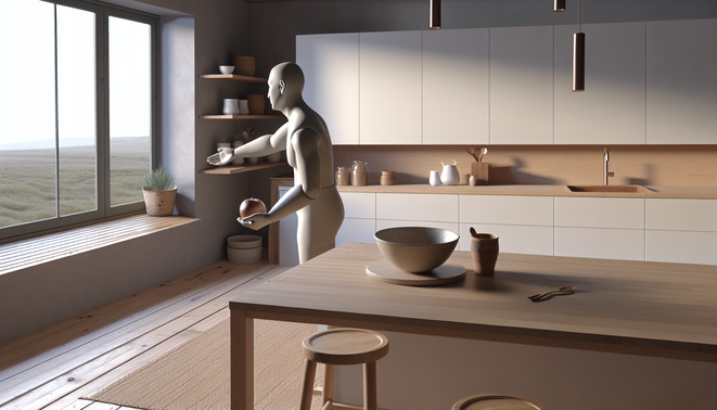 Minimalist Western kitchen bathed in soft light, adult reaching for a ceramic bowl on wood countertop.