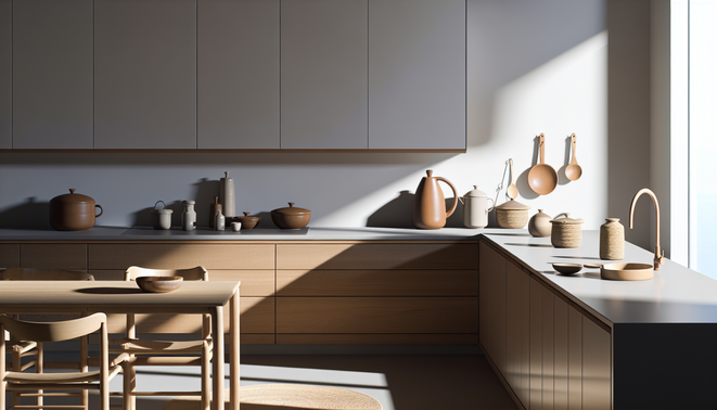 Modern Western kitchen with natural light and tidy countertop featuring everyday objects.