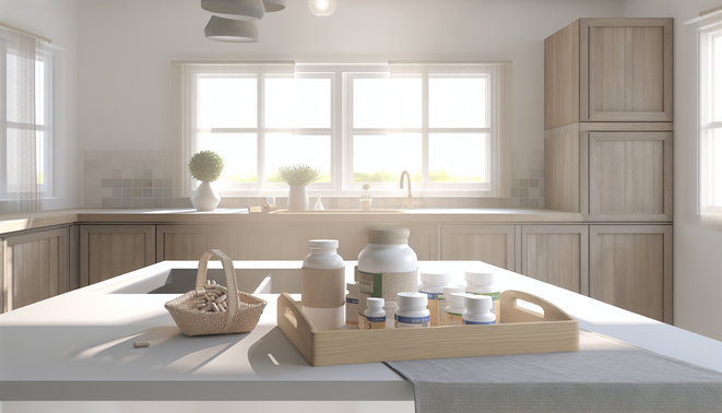 Modern kitchen with soft daylight, wooden tray of supplements, and minimalist decor.