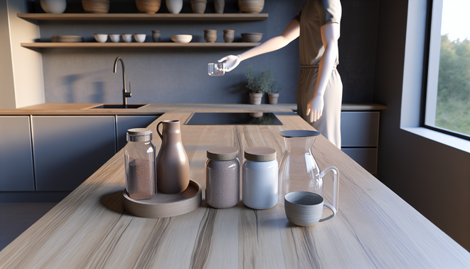 Modern kitchen with wooden countertop, ceramic cup, glass carafe, and supplement jars; person reaching for jar.