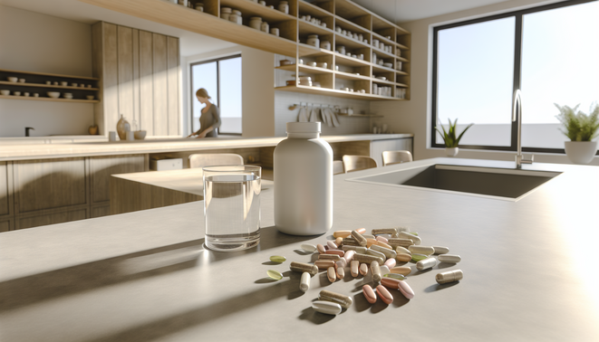 Modern kitchen with soft daylight, organized daily supplements on countertop, and a glass of water.