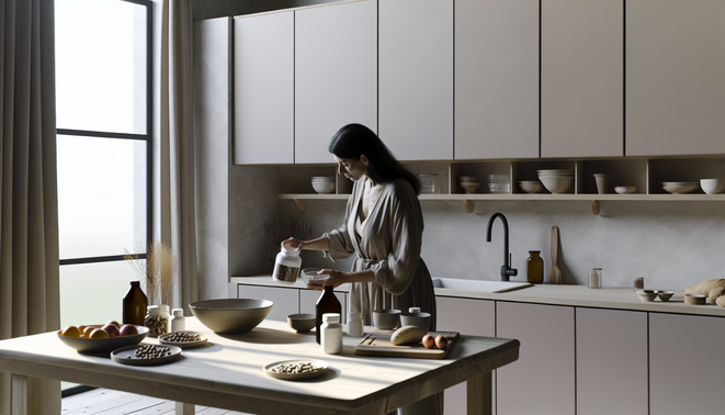 Modern Western kitchen with person arranging breakfast and supplements in soft daylight.