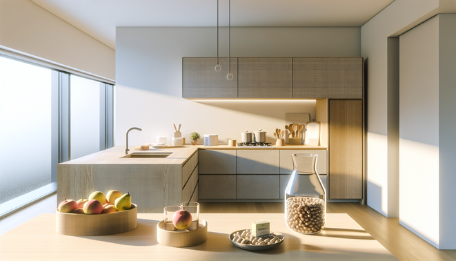 Modern minimalist kitchen with capsules, water, and fruit, softly lit by morning sunlight.