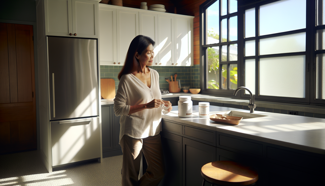 Modern minimalist kitchen with diverse adult preparing morning routine and supplement container