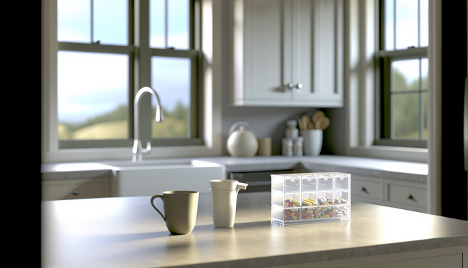 Softly sunlit kitchen with neutral decor, ceramic cup, and pill organizer on a clean counter.