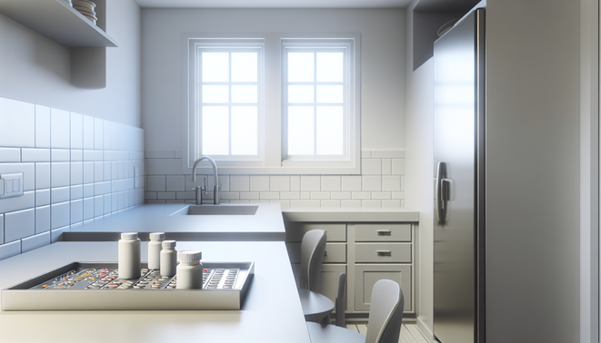 Minimalist kitchen nook with natural light, featuring everyday pill containers on a tray.