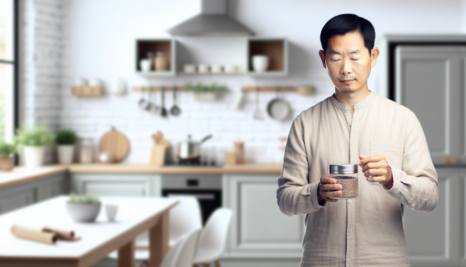 Serene kitchen with a person in neutral clothing, symbolizing gut health and a peaceful lifestyle.