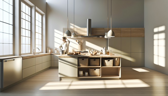 Modern kitchen with a person preparing breakfast and natural ingredients in warm lighting.