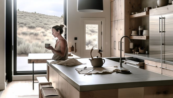 Serene kitchen nook with an adult holding a tea cup, emphasizing mindful morning routine.