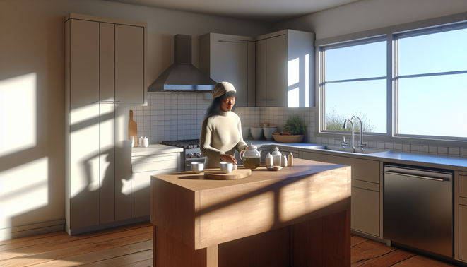 Serene modern kitchen with person preparing herbal tea on wooden countertop in natural light.