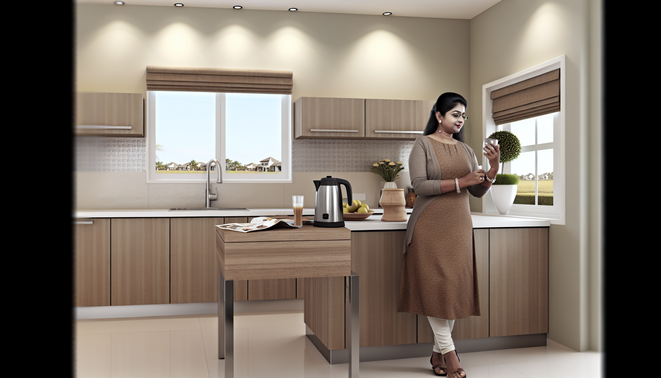 Modern kitchen with neutral decor, wooden breakfast table, and casually dressed person preparing a drink.