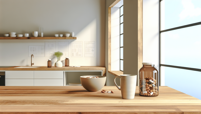 Modern minimalist kitchen with wooden countertop, ceramic mug, and glass bowl of supplements.
