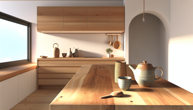 Modern kitchen with warm light, a mug, and a teapot on a wooden countertop.