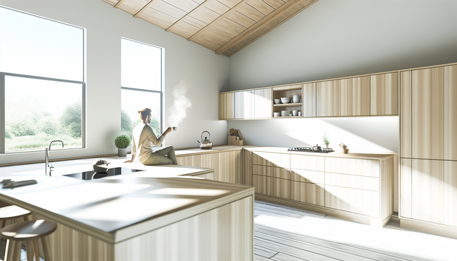 Modern Western kitchen with a person sitting at a counter, light wood surfaces, and soft natural light