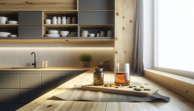 Serene modern kitchen with herbal tea, supplements, and natural light on a wooden countertop