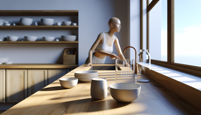 Modern kitchen with wooden countertop, ceramic dishware, and a person reaching for a glass jar.
