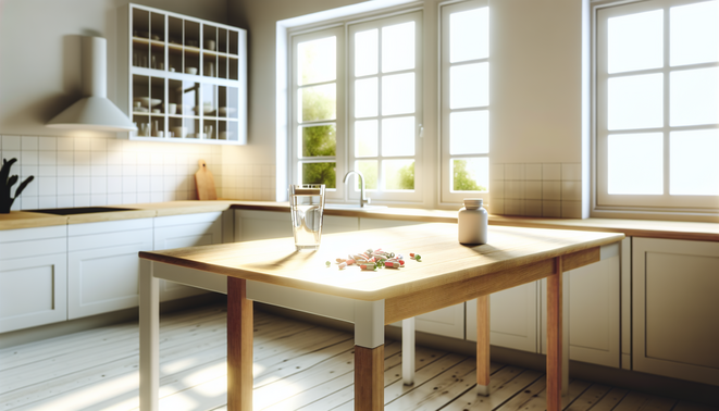 Bright kitchen with wooden table, glass of water, and supplement capsules in natural light