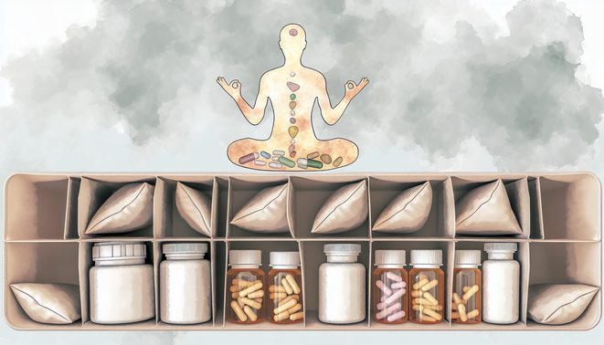 Overhead view of a tidy pill organizer with compartments, amber and white bottles, soft watercolor background.