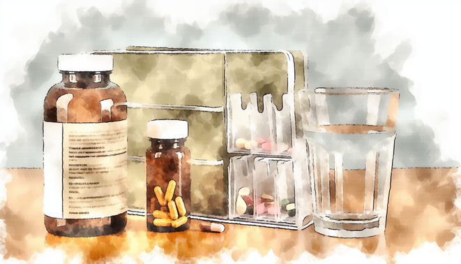 Clear glass of water, amber supplement bottle, and weekly pill organizer on a tidy tabletop.