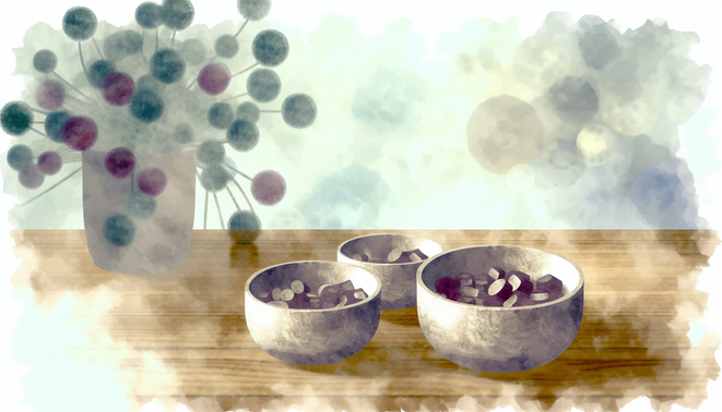 Watercolor illustration of three ceramic dishes with supplements on a wooden countertop, light from windows.