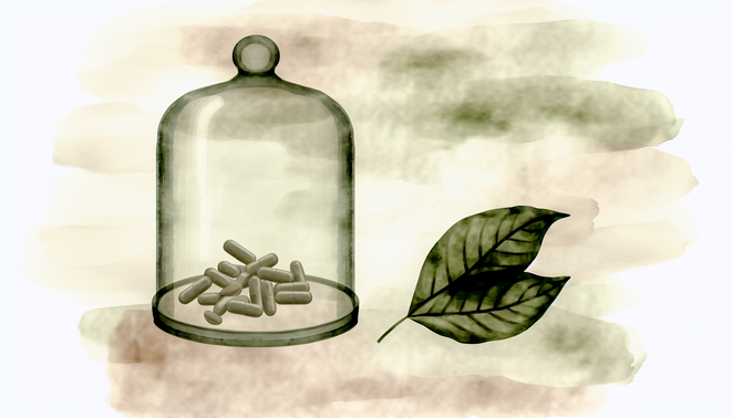 Clear glass cloche covering neutral dietary supplements and a green leaf on a soft watercolor background.