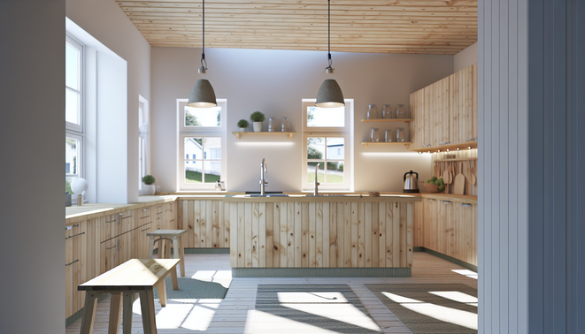 Modern Western kitchen with light wood countertop, casual adult preparing morning routine.