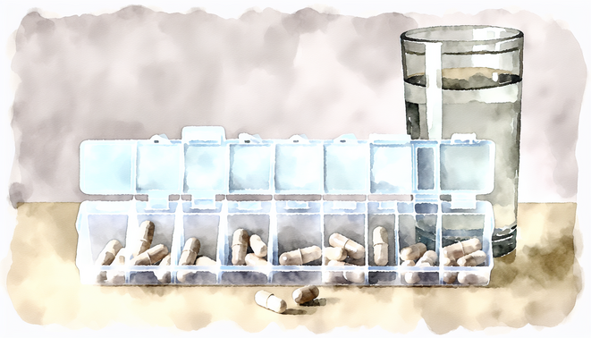 Open weekly pill organizer with neutral capsules, water glass, and subtle routine cues in soft watercolor.