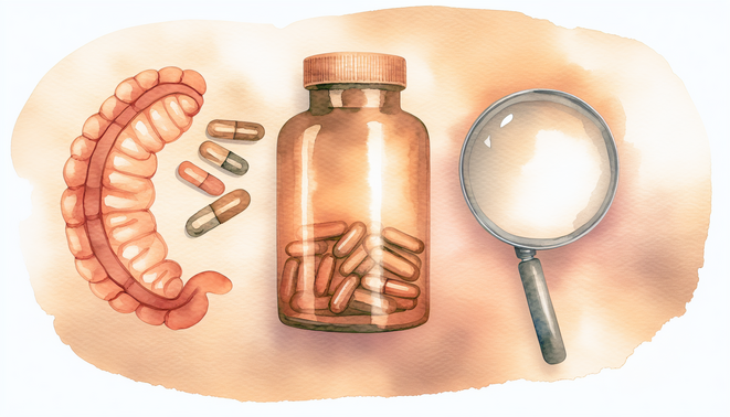 Amber glass supplement bottle with capsules, clear magnifying glass, and soft neutral watercolor background.