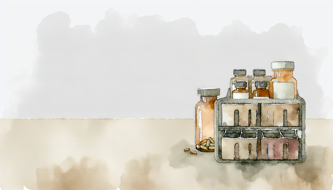 Tidy home supplement station with a pill organizer and amber glass bottles on a neutral surface.