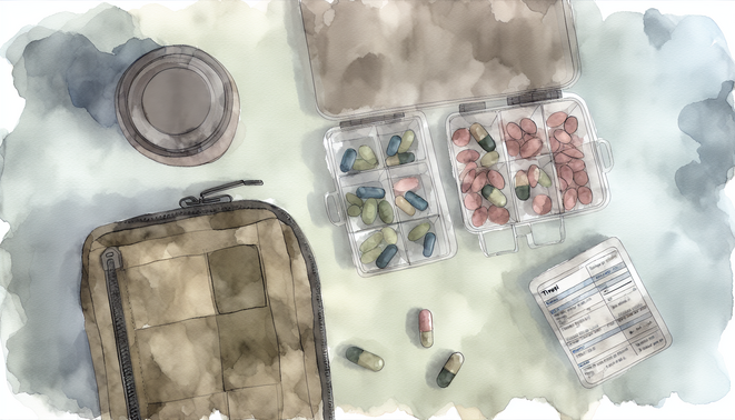 Top-down view of a travel supplement routine with pouch, pill organizer, capsules, and water bottle.