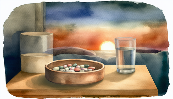 Ceramic dish with pills and a glass of water on a bedside table, soft watercolor sunrise and twilight.