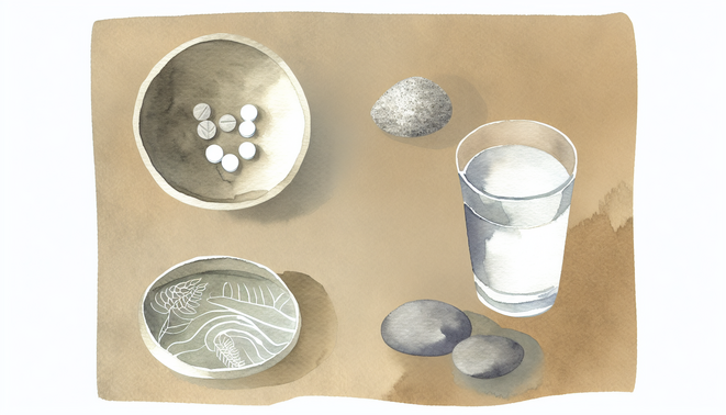Soft watercolor still life of a ceramic dish with tablets, water glass, and river stones on neutral background.