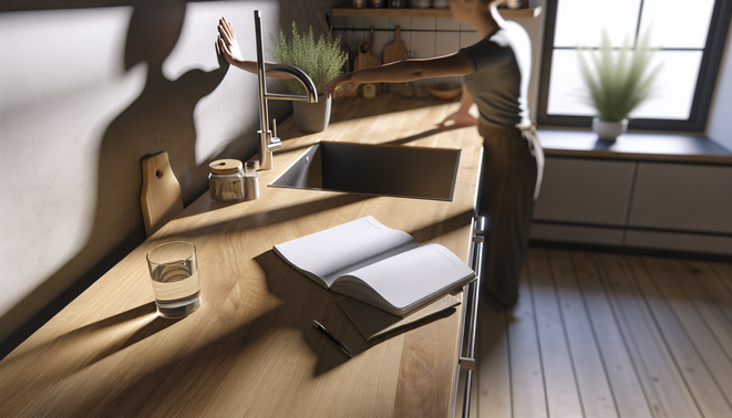 Modern kitchen with wooden countertop, window light, open notebook, glass of water, and person reaching.