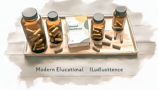 Soft watercolor illustration of organized supplements on a wooden tray with amber bottles and capsules.
