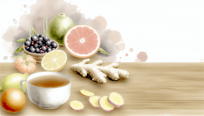 Watercolor still-life of sliced citrus, ginger, elderberries, and herbal tea on a wood surface.