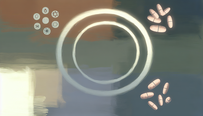 Watercolor illustration of a circadian circle with supplement forms and gentle gradient background