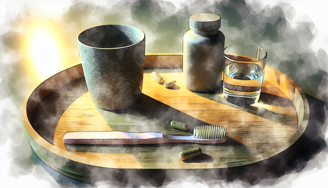 Ceramic tray with glass of water and two supplements, softly lit morning vignette with toothbrush nearby.