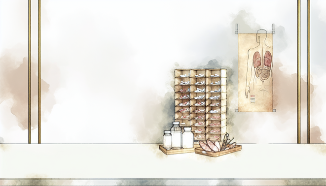 Neatly arranged supplement station with pill organizer and glass bottles on a soft background.