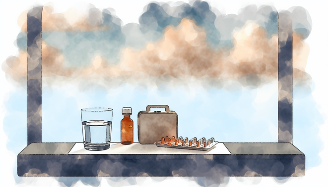 Calm airplane tray table with pill organizer, glass of water, and amber bottles against blurred clouds