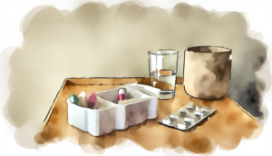 Watercolor still life of a glass of water, pill organizer, and tablets on a bedside table in soft light