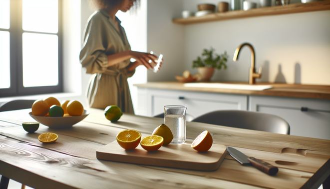 Modern kitchen with wooden breakfast table, citrus slices, and a person pouring water in daylight.
