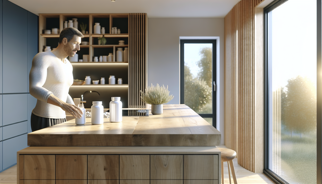 Sunlit Western kitchen with vitamins on a wooden counter and a person reaching for a supplement