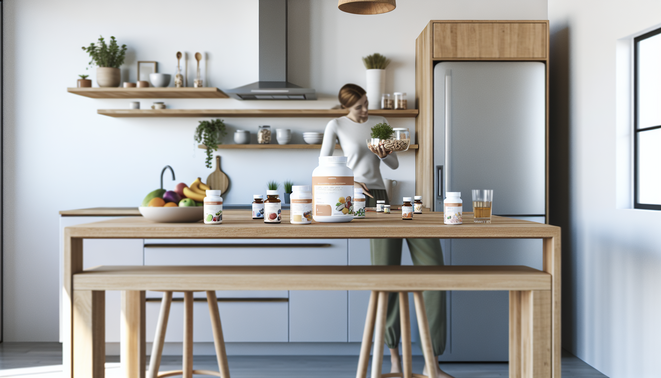 Bright, modern kitchen with wood accents and a daily wellness supplement arrangement.