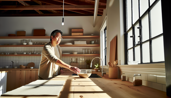 Sunlit modern kitchen with natural wood elements and an adult reaching for a bowl on the counter.