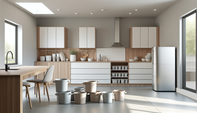 Modern Western kitchen with neutral adult organizing containers and natural daylight.